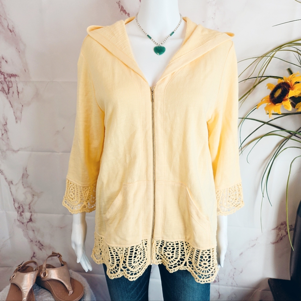 Chicos Zenergy Spring Yellow Hoodie Jacket Size 1 Or M Lace Trim Zip Lightweight - Picture 3 of 6